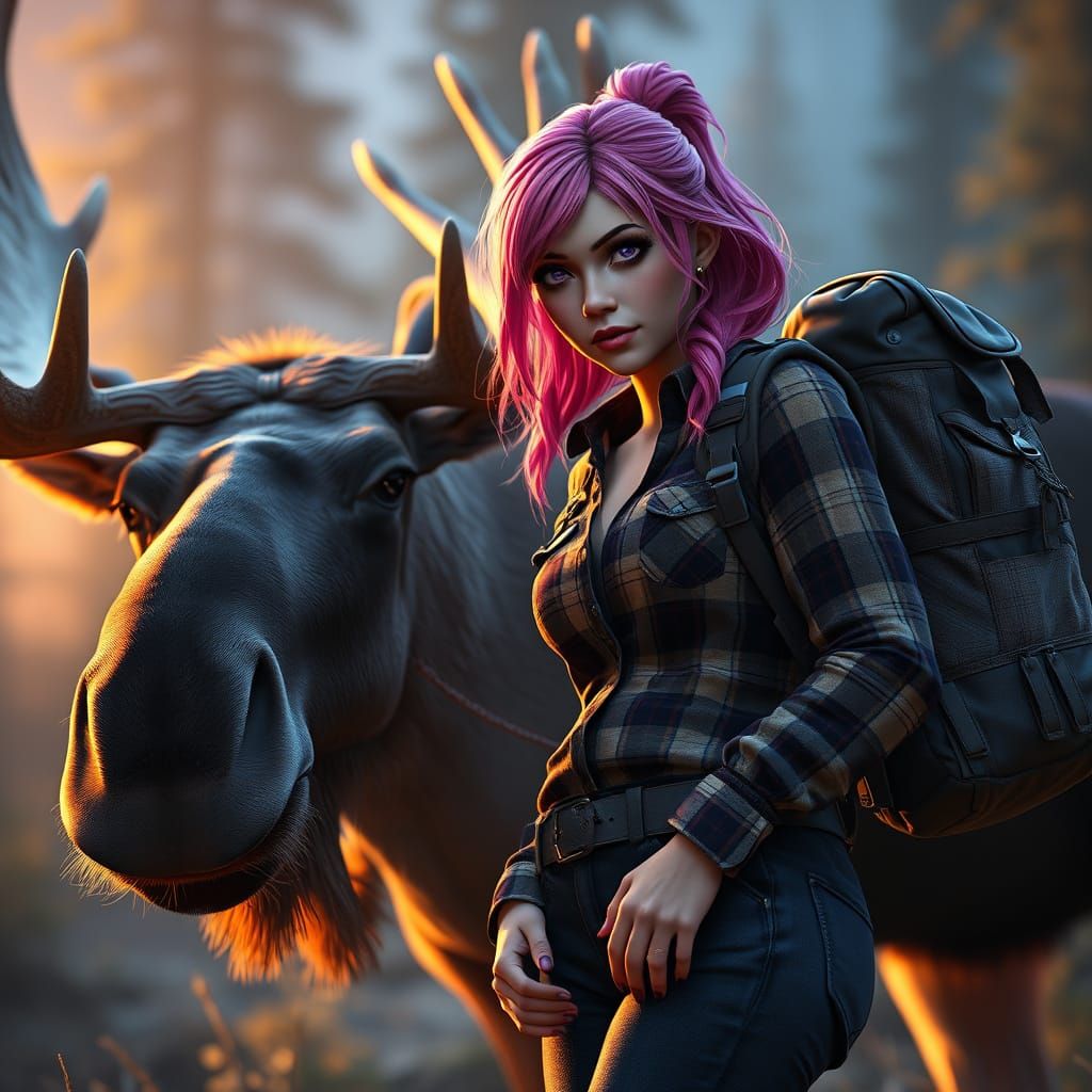 Pink Haired Hiker Helps Tired Moose, Dark Fantasy Art