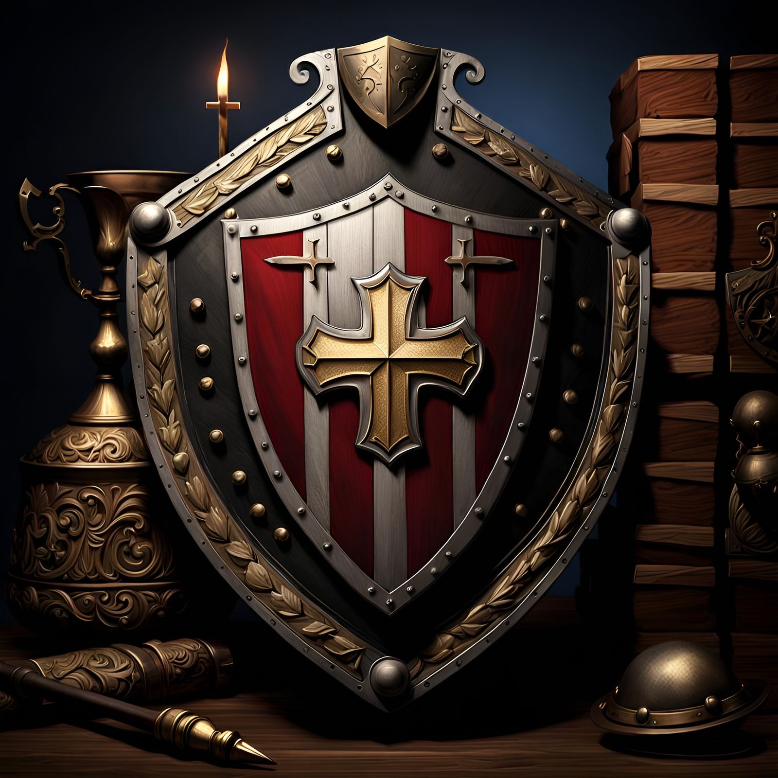 Medieval Shield with Greek Cross and Burgundy Backdrop