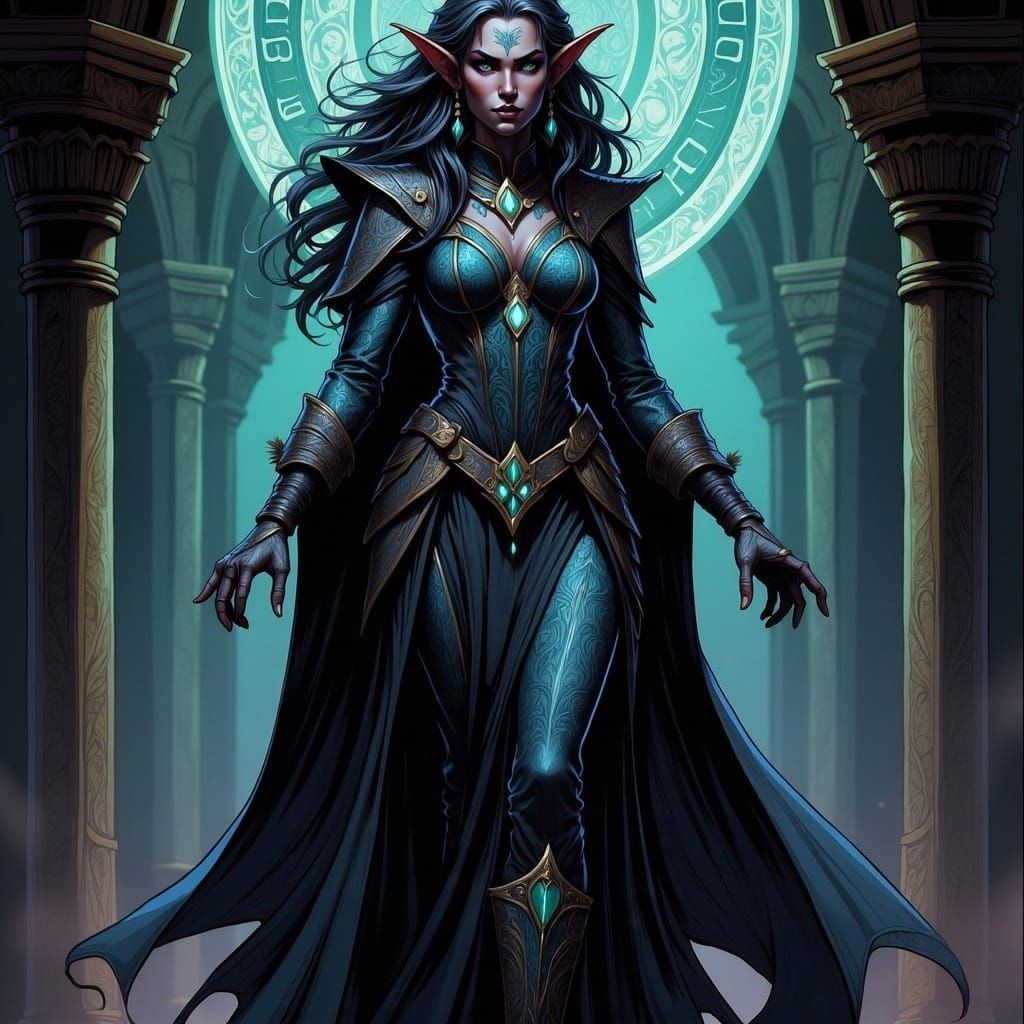 Dark Elf Priestess in Mystical Temple Illustration
