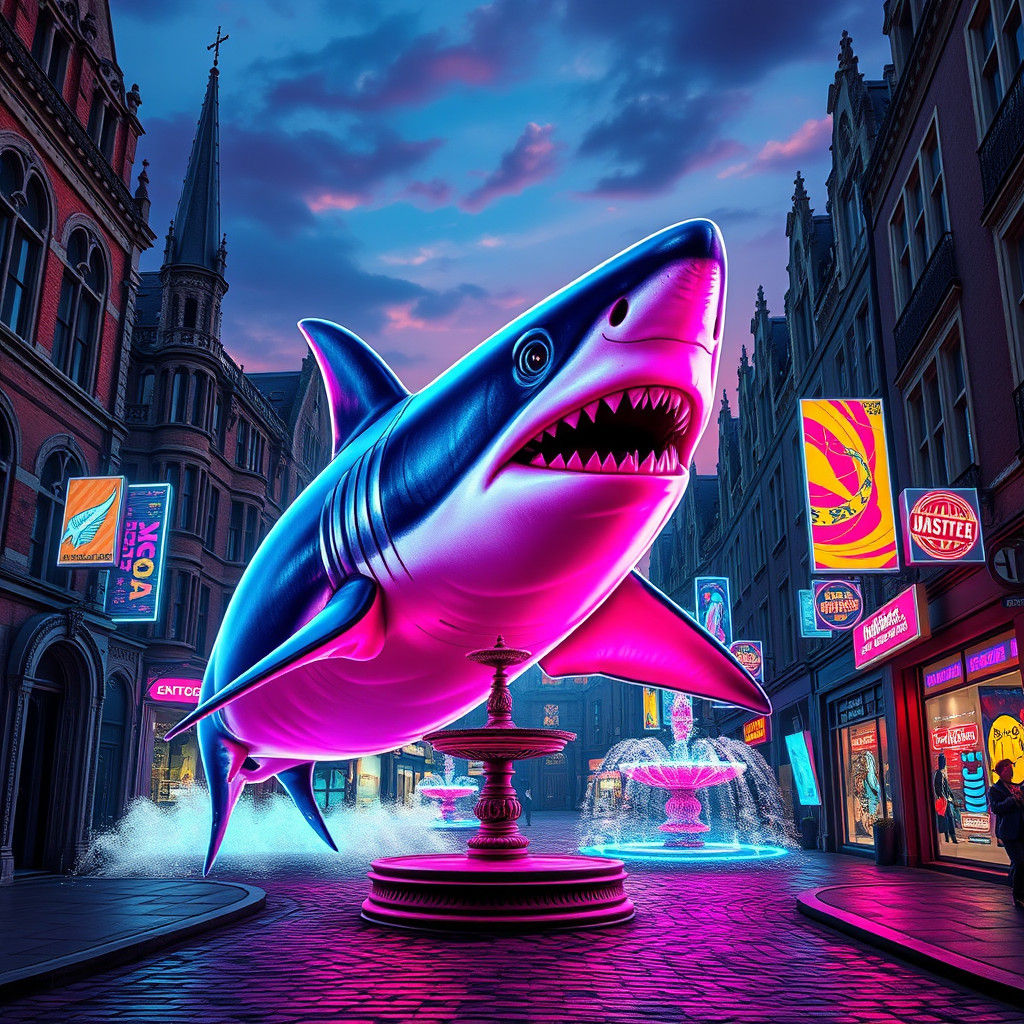 Giant Shark Breaching Old Town: Synthwave Dreamscape