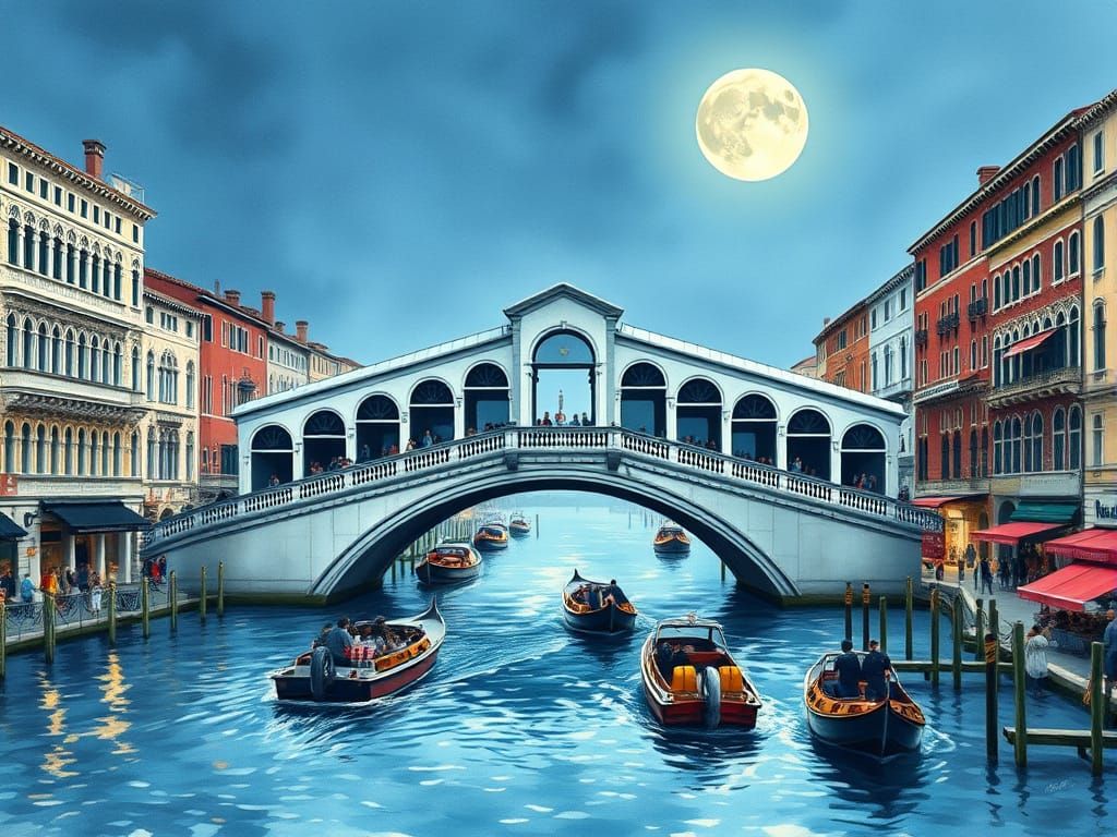 Venetian Rialto Bridge at Night Under Full Moon