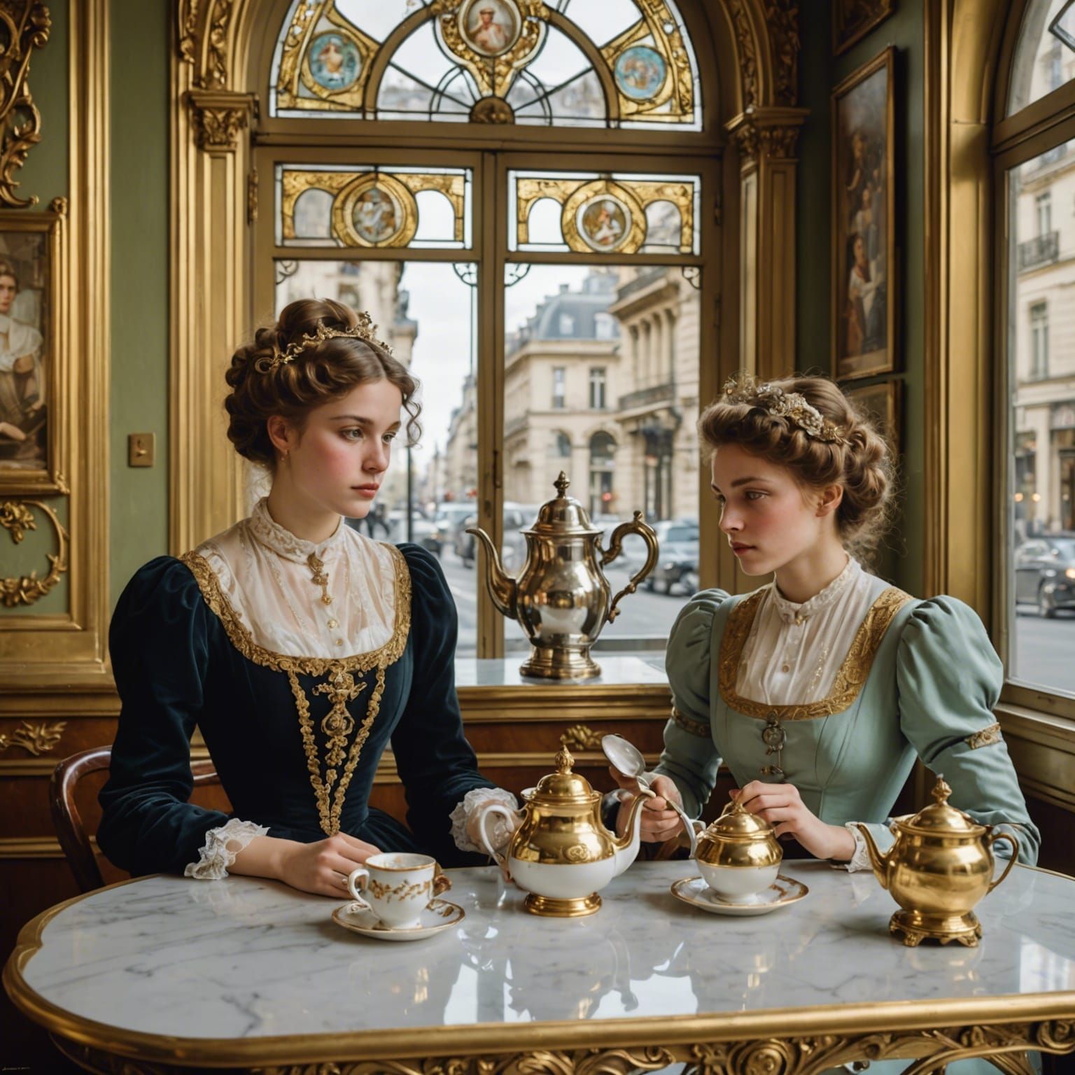 Victorian Ladies in a Gilded Parisian Cafe