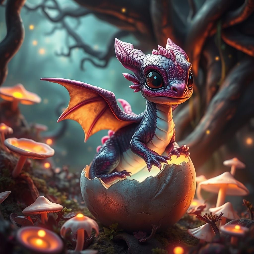 Magical Baby Dragon Unfolds in Vibrant Enchanted Forest