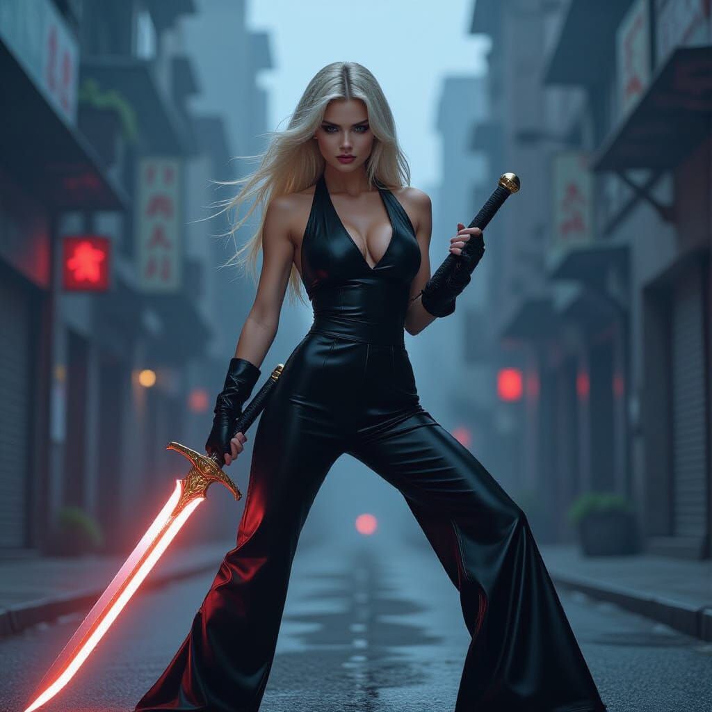 Heroic Warrior Chloe in Urban Landscape with Glowing Sword
