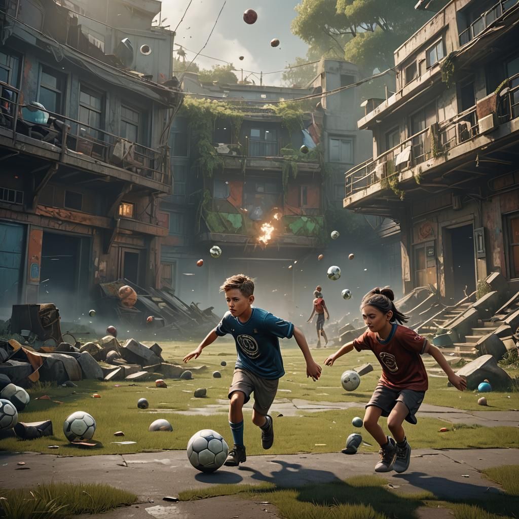 Brother and Sister Playing Football: Fantasy Concept Art