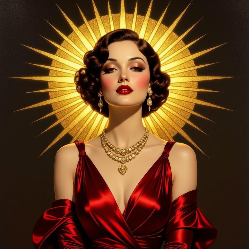 Art Deco Woman in Crimson Dress with Golden Sunburst