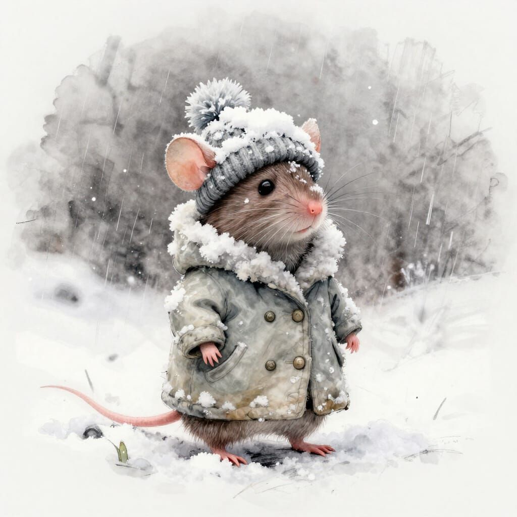 Anthropomorphic Mouse in Snowy Winter Coat and Hat