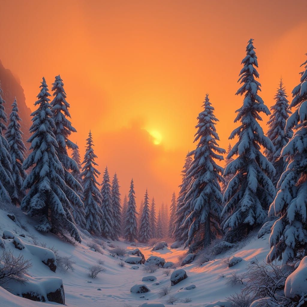 Serene Fantasy Landscape with Snow-Covered Pine Trees at Sun...