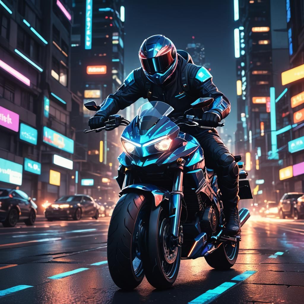 Futuristic Motorcycle Rider in Neon Cityscape
