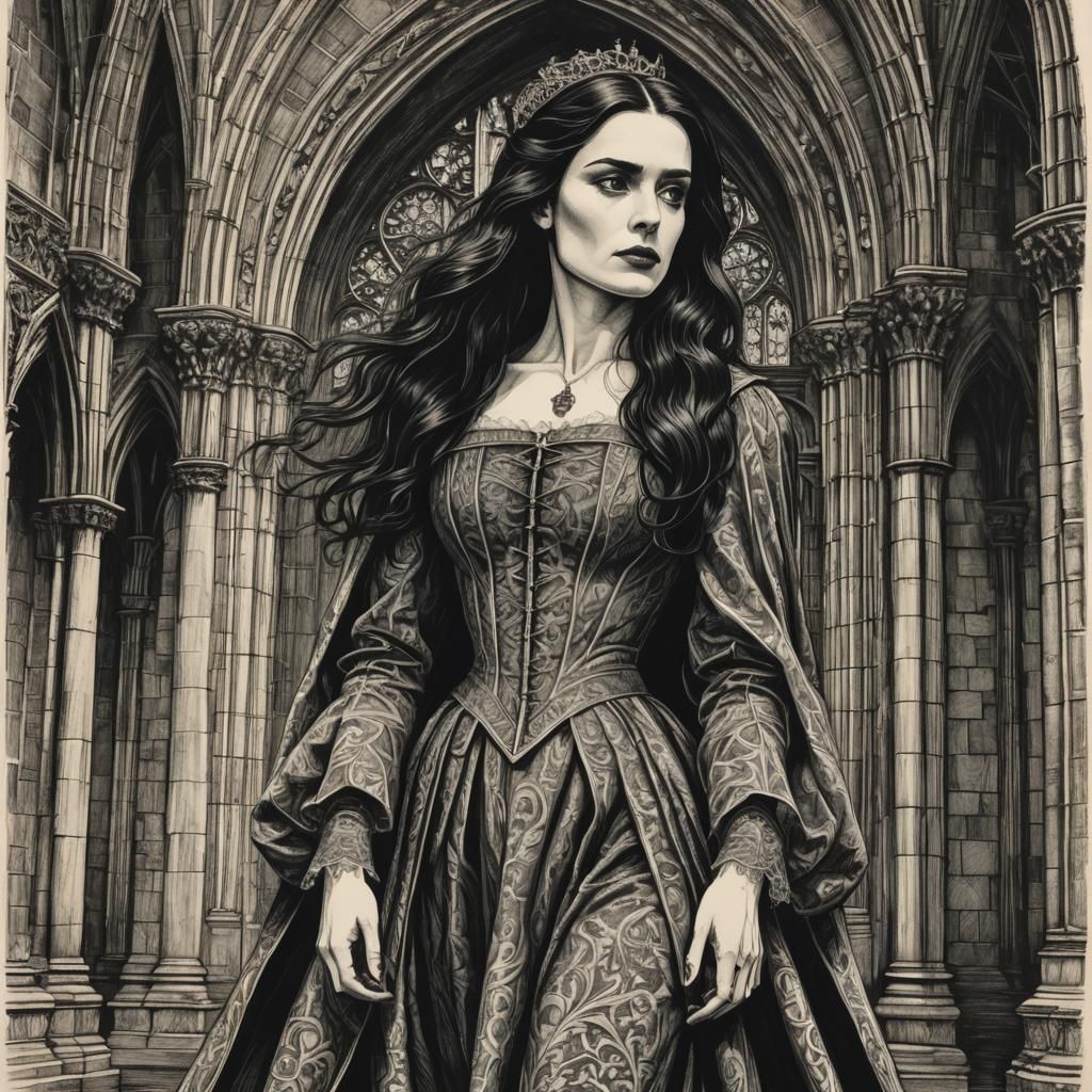 Mina Murray on Cathedral: Hyperdetailed Woodcut Drawing