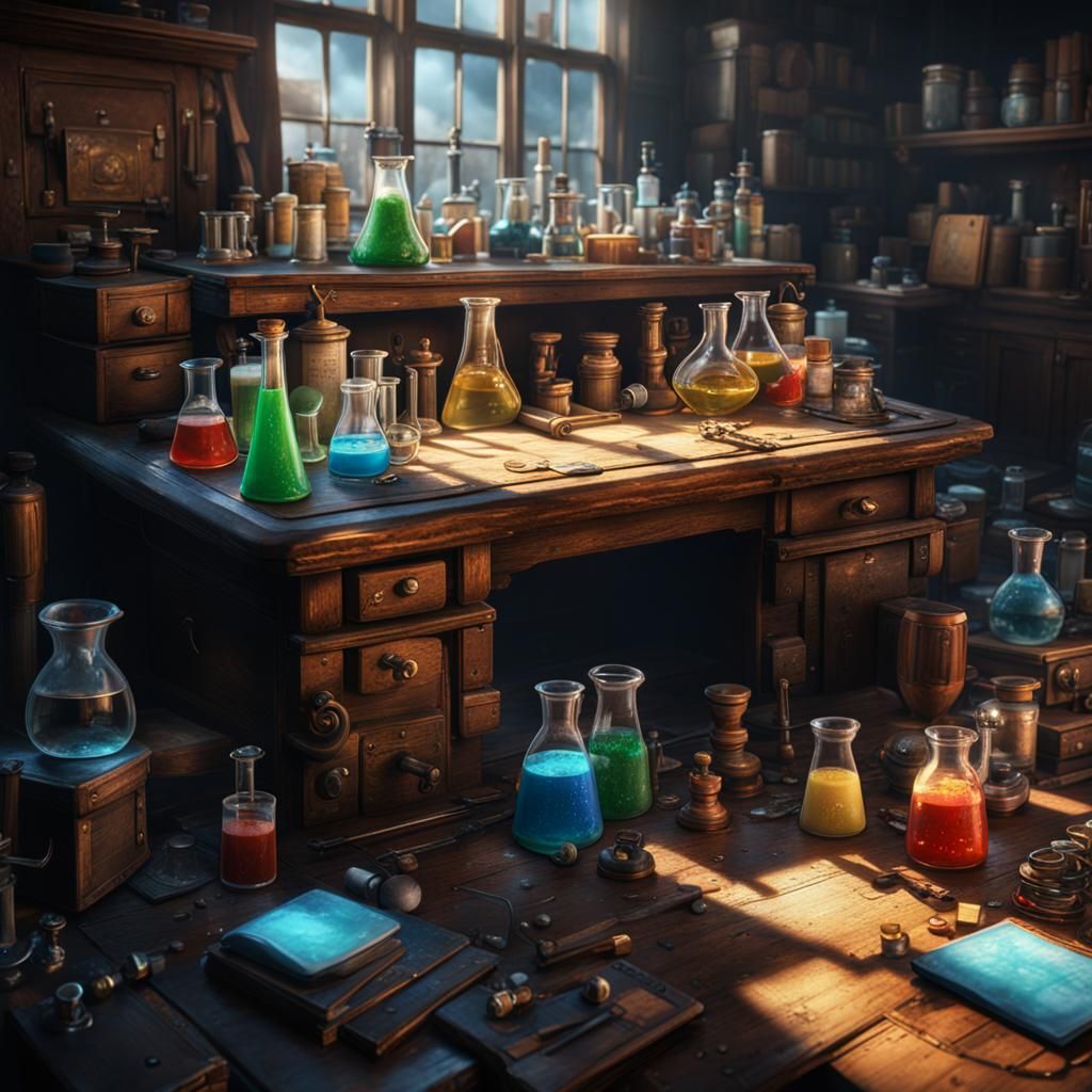 Chemical Beakers on Desk: Fantasy Concept Art