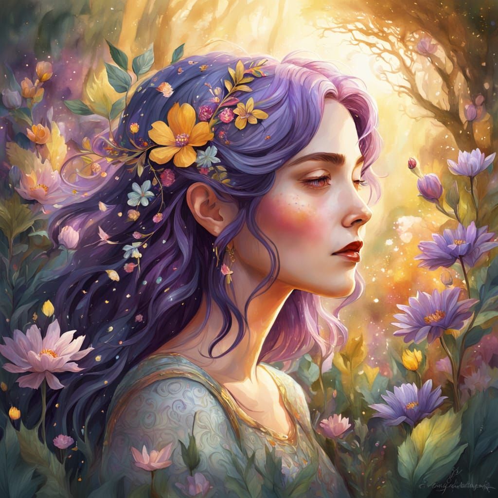 Whimsical Woman with Flowers in Fantasy Garden