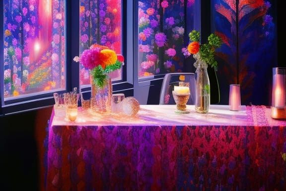 Dreamlike Cafe with Embroidered Flowers, Photorealistic Goua...