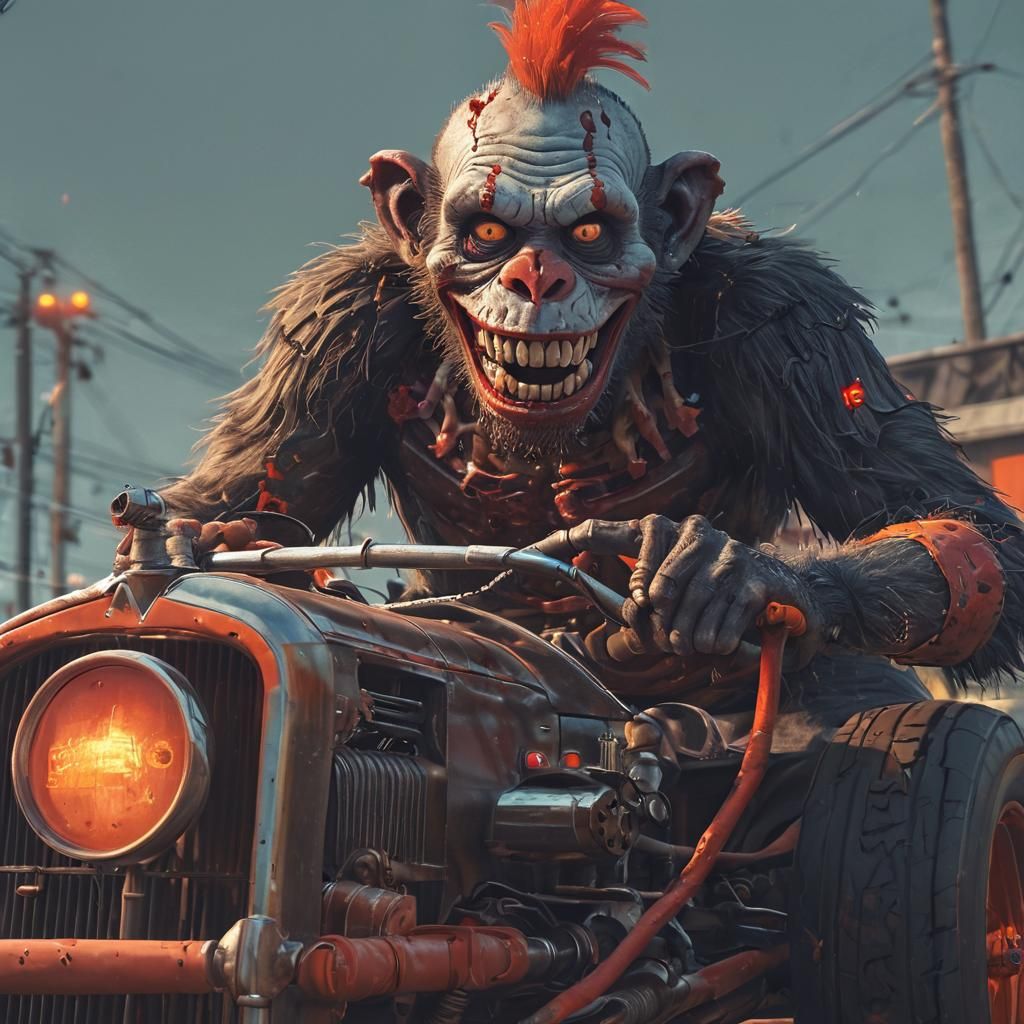 Zombie Clown Monkey Drives Hot Rod in Graffiti Style