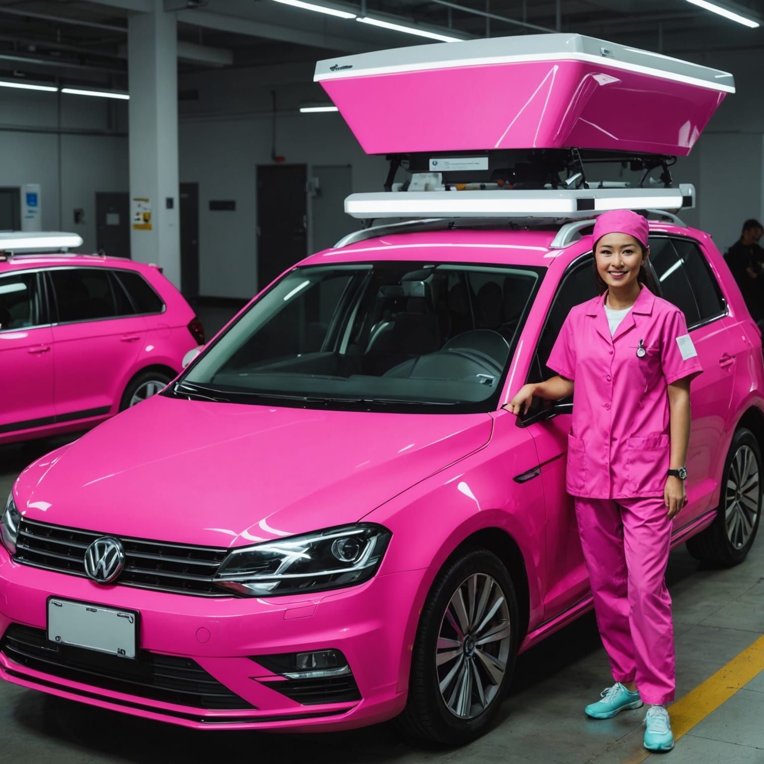 Asian Nurse and Fluorescent Pink Volkswagen