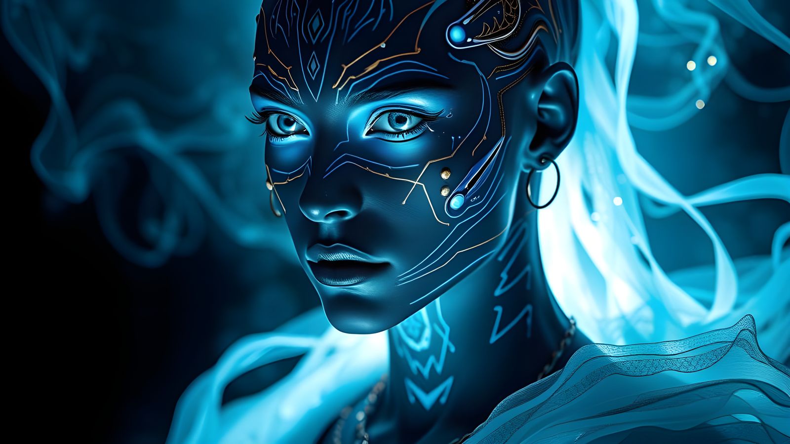 Cyberpunk Angel with Shimmering Cybernetic Makeup