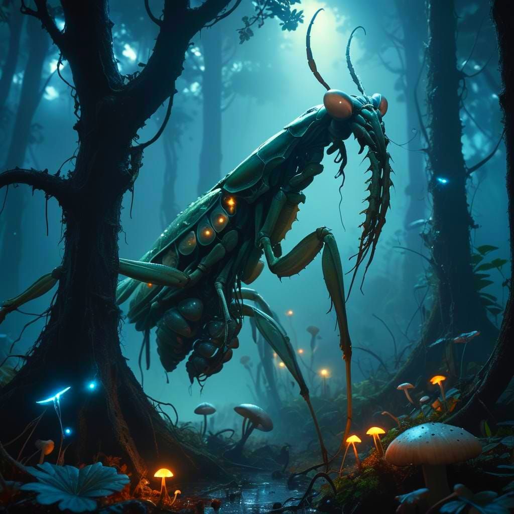 Giant Creepy Mantis in Dark Prehistoric Forest