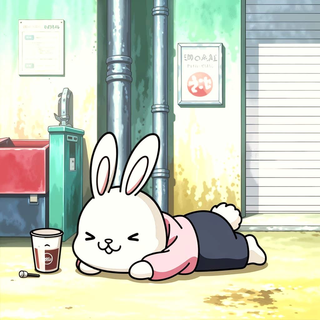 Minimalist Kawaii Drunken Bunny in Alley