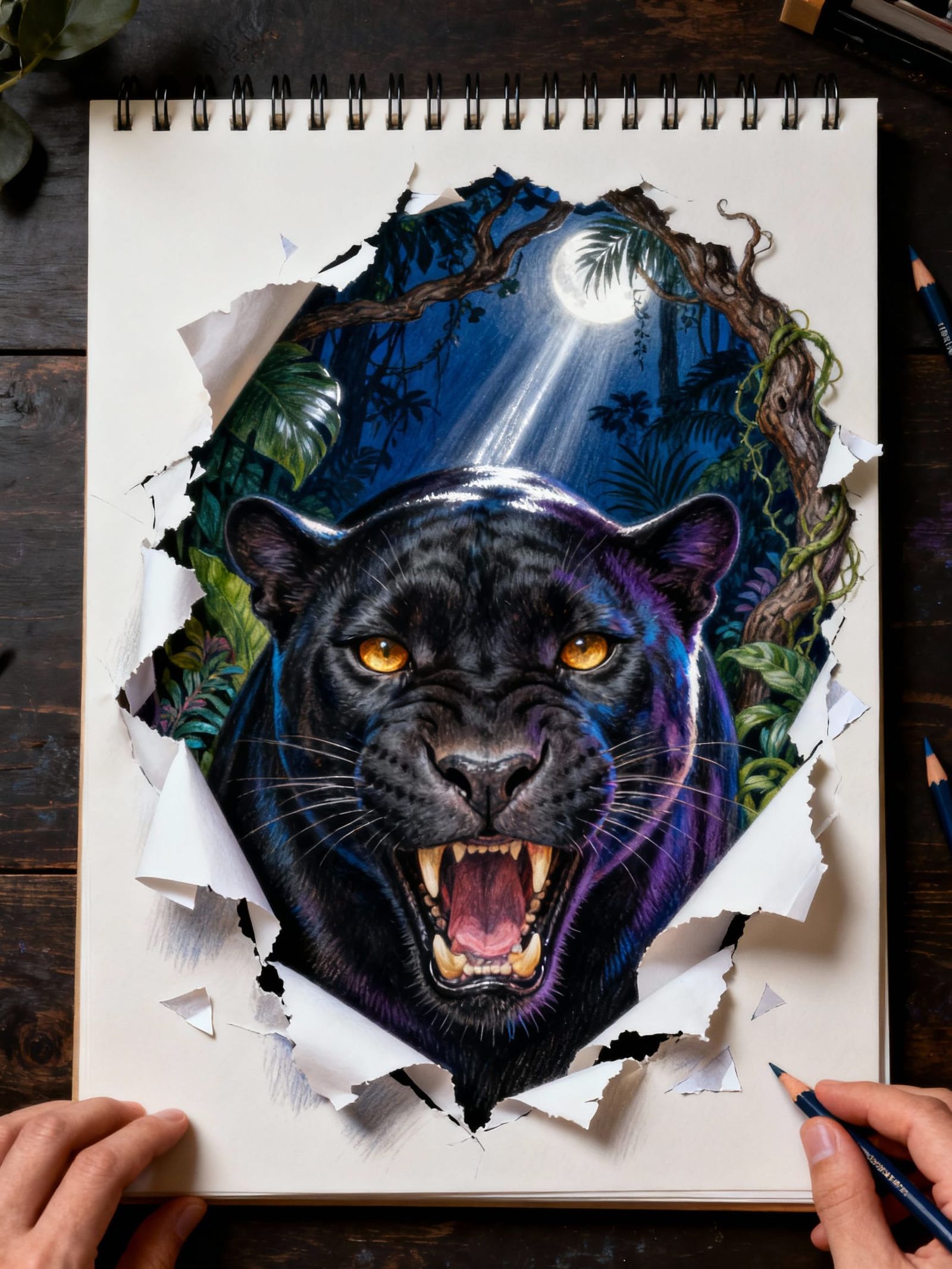 Aggressive Black Panther Snarling Through Torn Paper