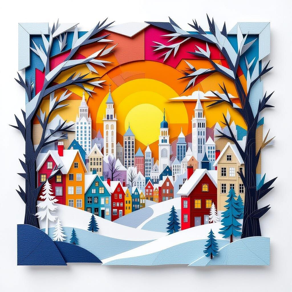 Detailed Wooden Winter Cityscape Sunset Photograph