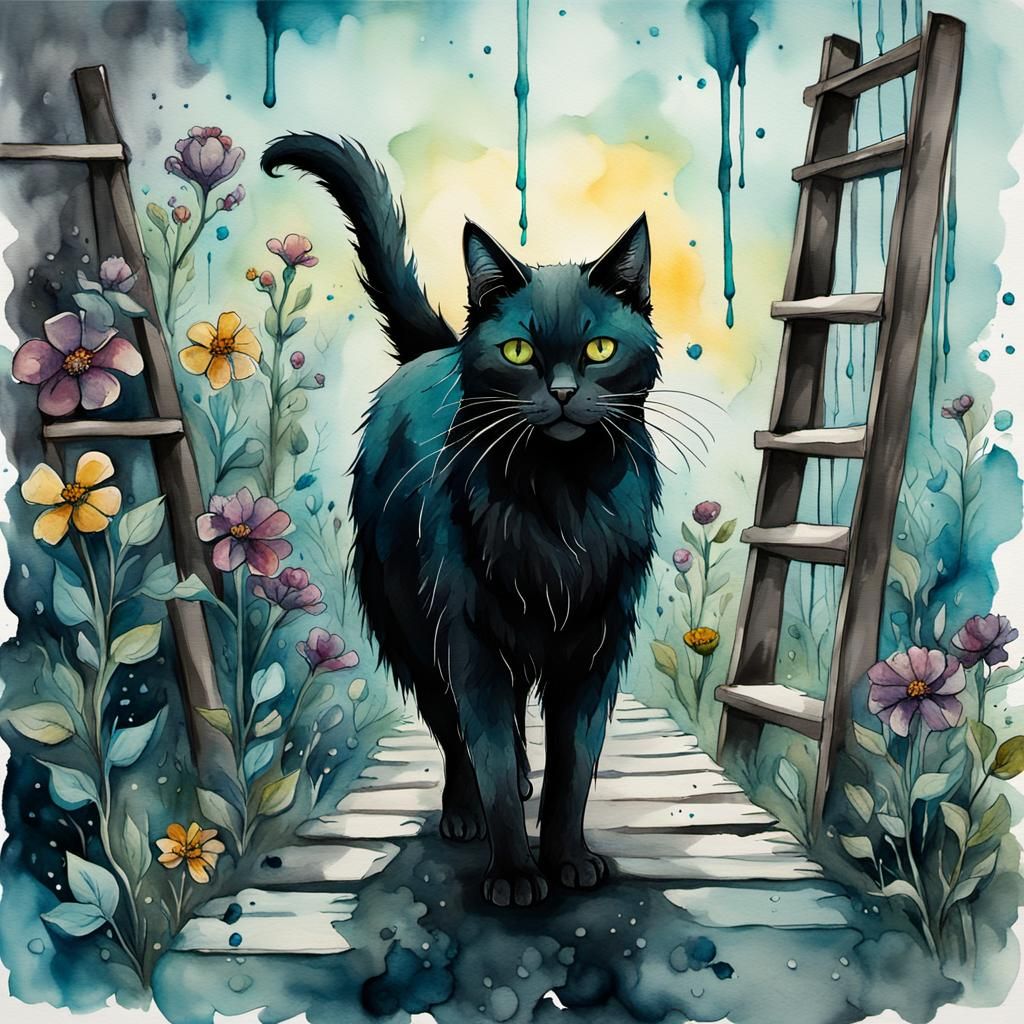 Eerie Friday the 13th Black Cat Watercolor
