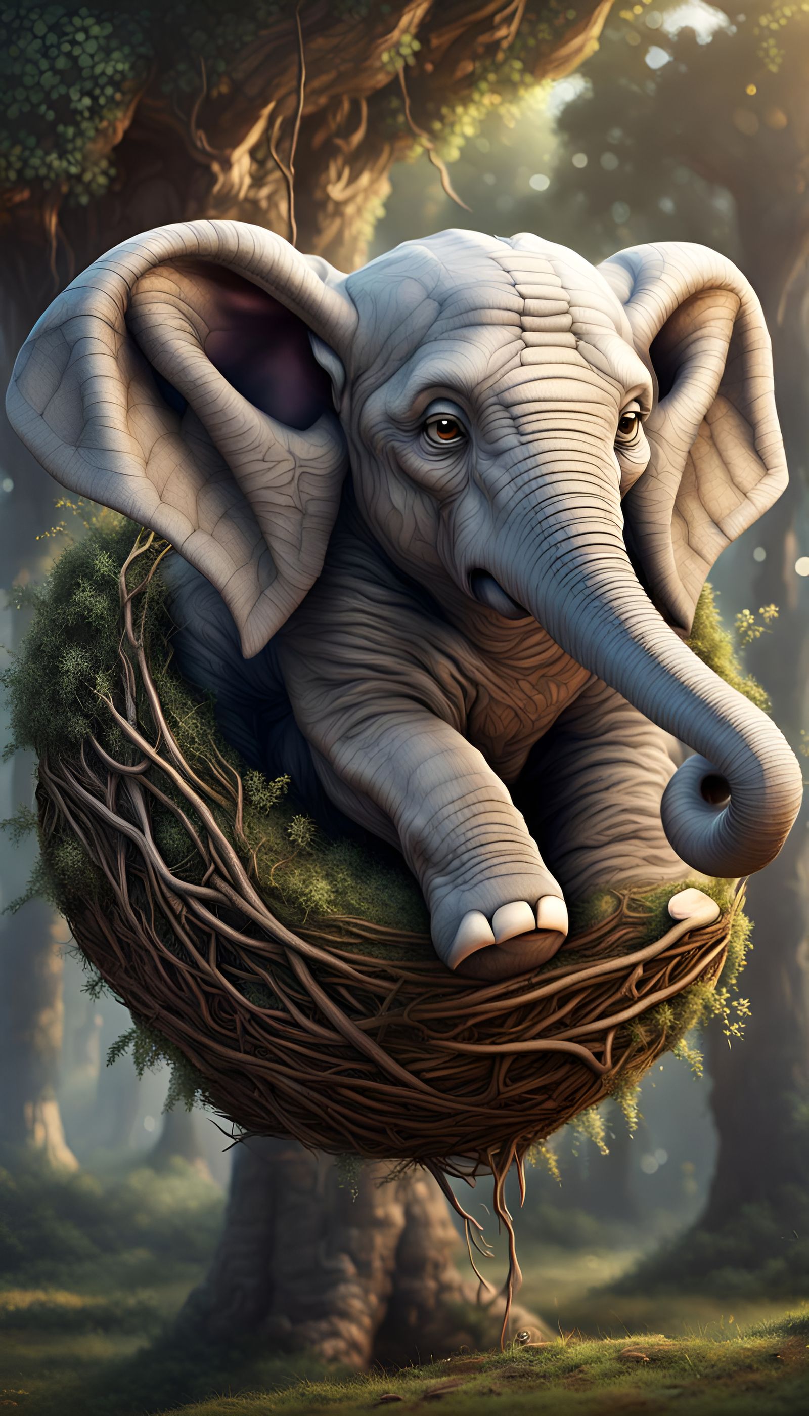Adorable Flying Elephant in Nest, Surreal Concept Art