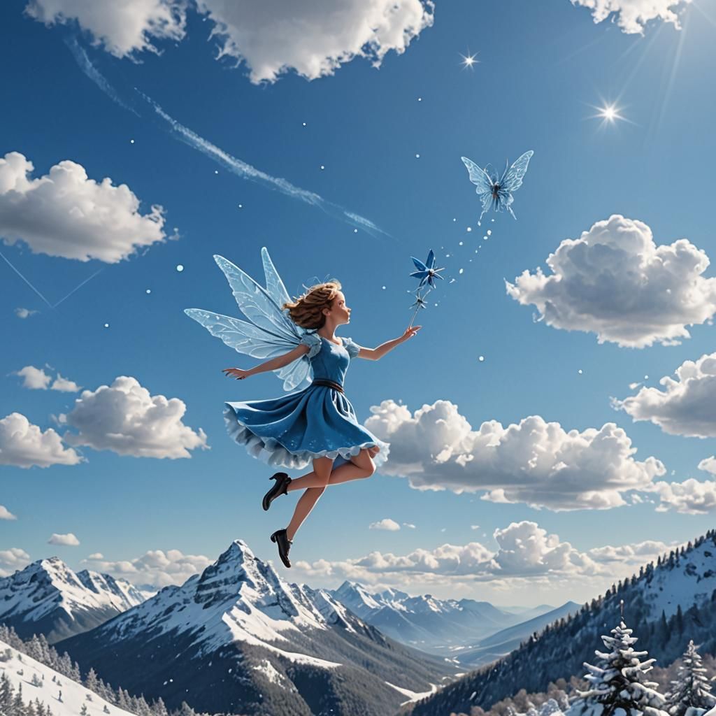 Blue Fairy Over Snowy Blue Mountains