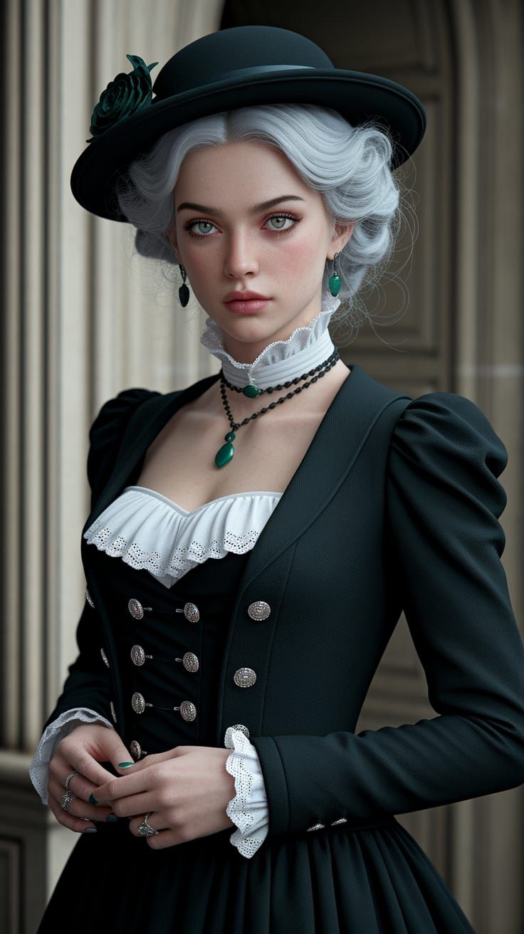 Vintage Belle Epoque Girl in Elegant Black and White Attire