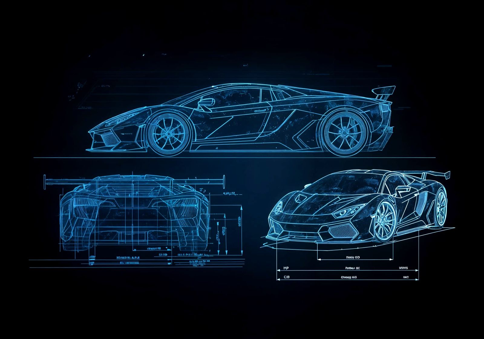 Futuristic Supercar Blueprint Diagram in Hologram Style