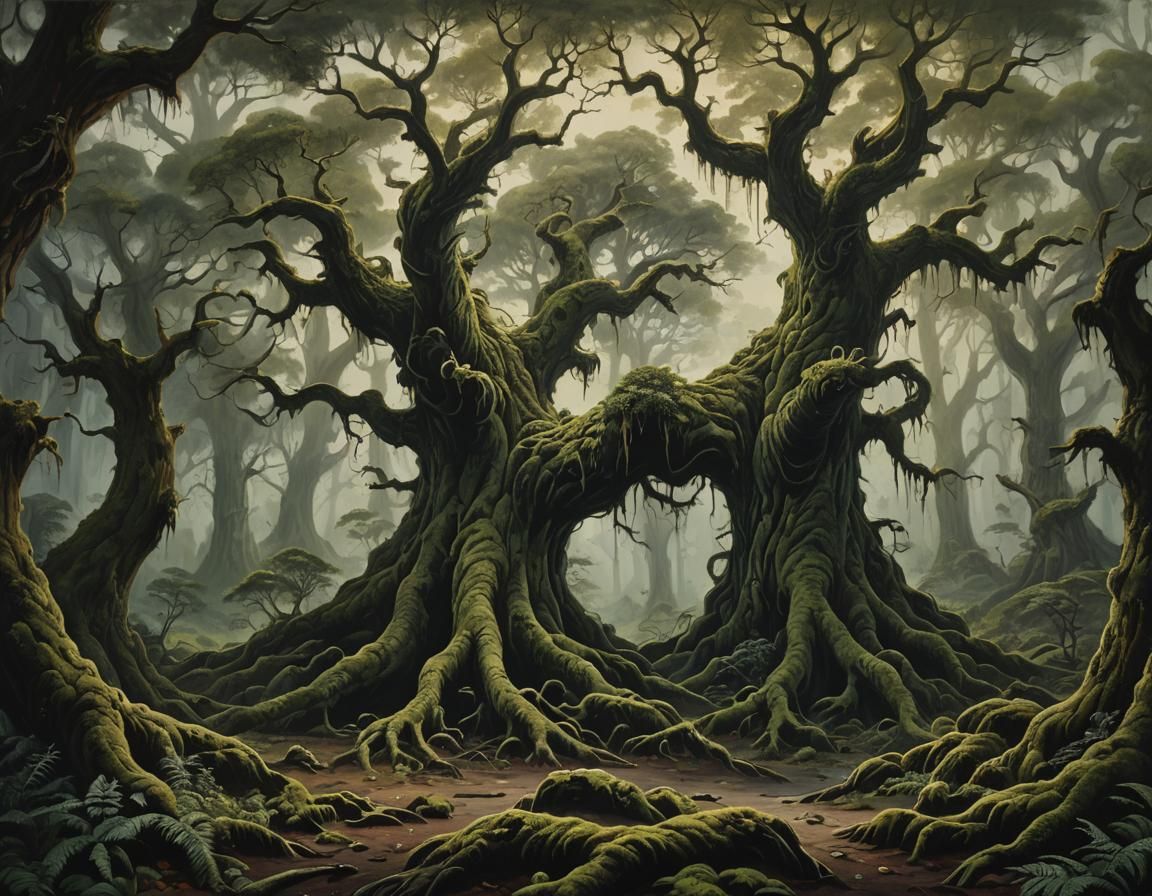 Colossal Tree Dominates Dark Fantasy Landscape as Oil Painti...