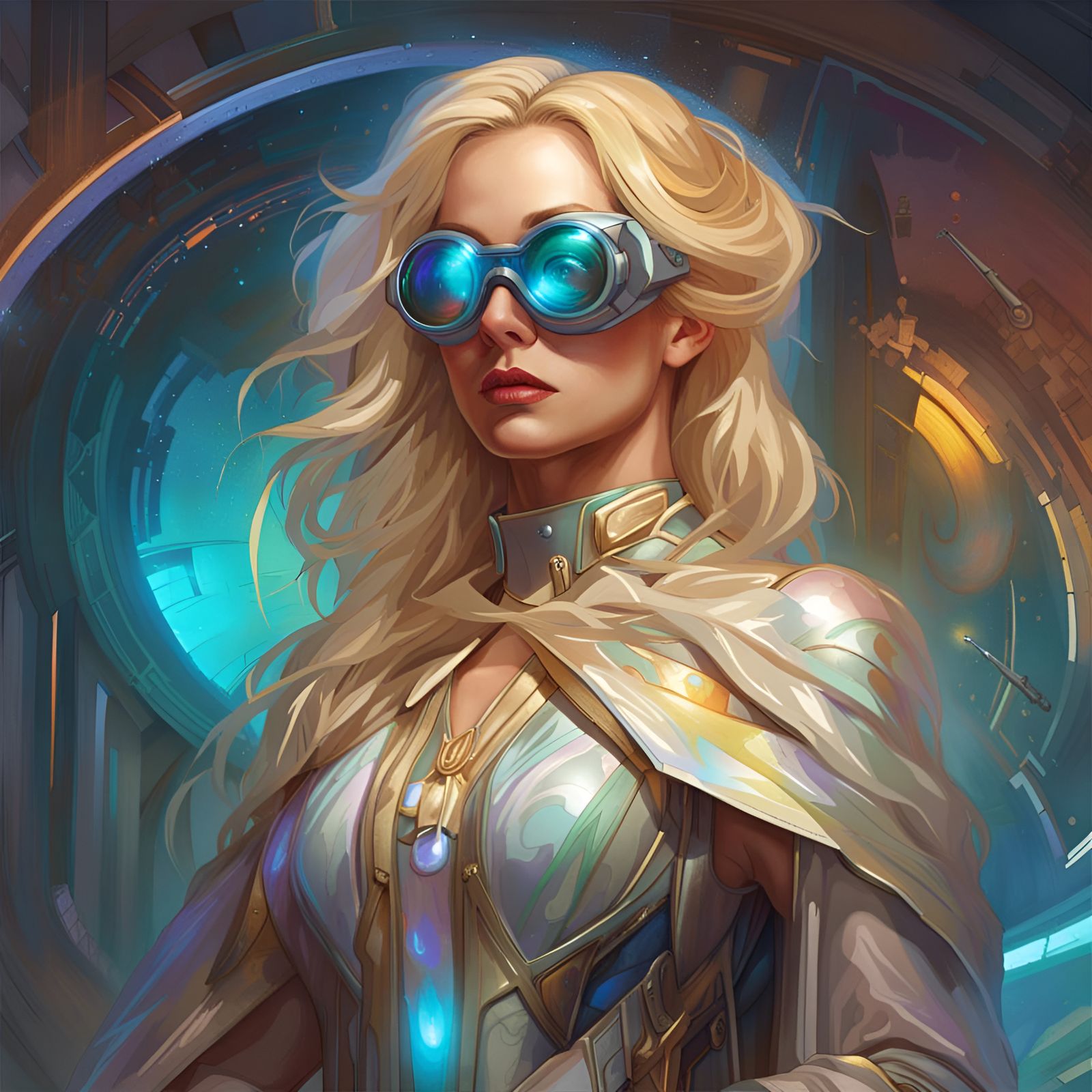 Sci-Fi Blonde in Gown with Holographic Goggles