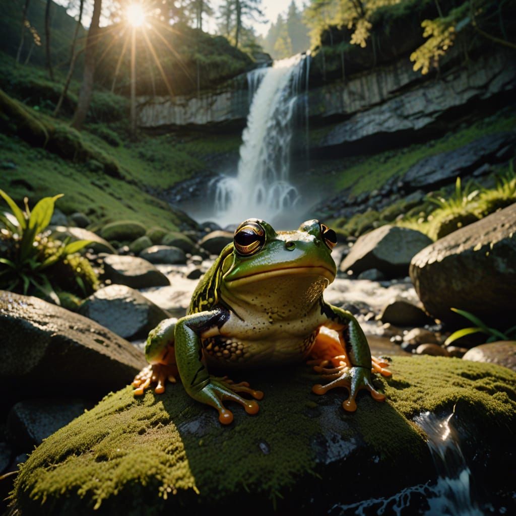 Dramatic Frog Amidst Golden Hour Light, in a Muted Earthy Ae...