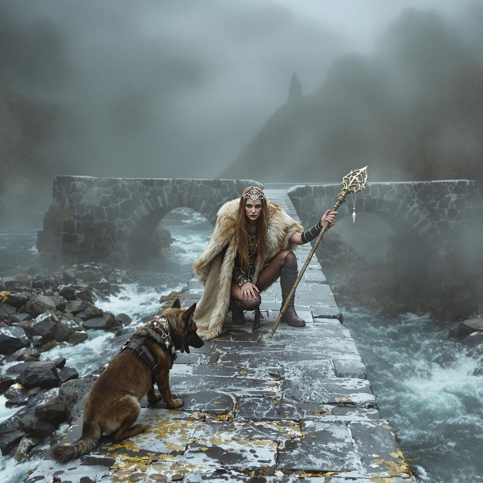 Syn, Norse Goddess, on a Misty Bridge