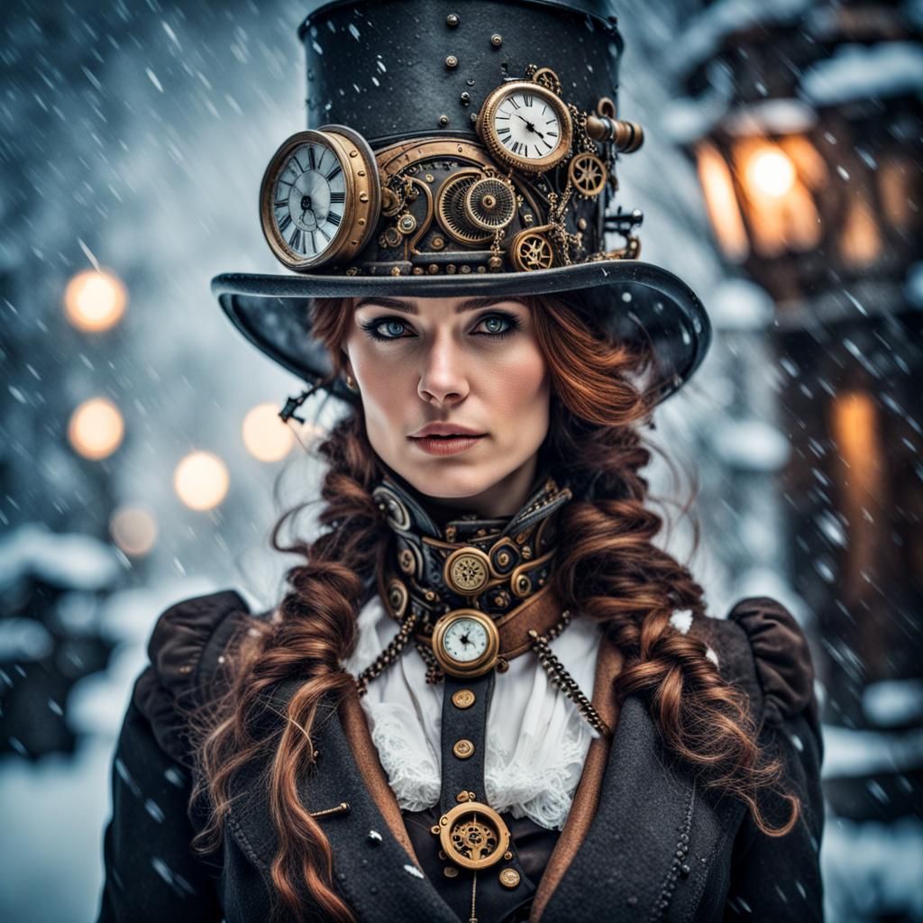 Steampunk Lady Portrait in Snowstorm, Hyperrealistic