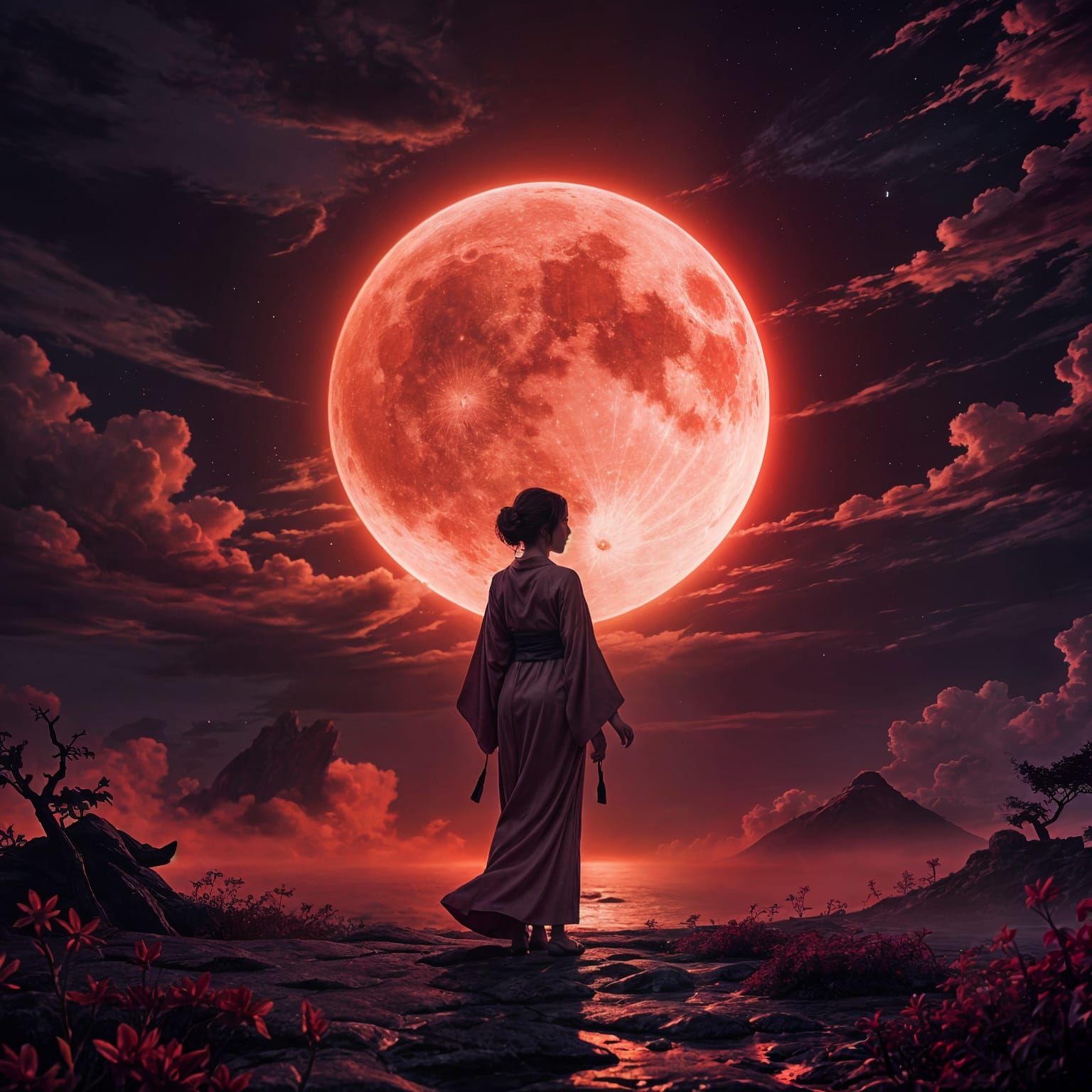 Woman in Kimono Under Blood Moon, Anime Style