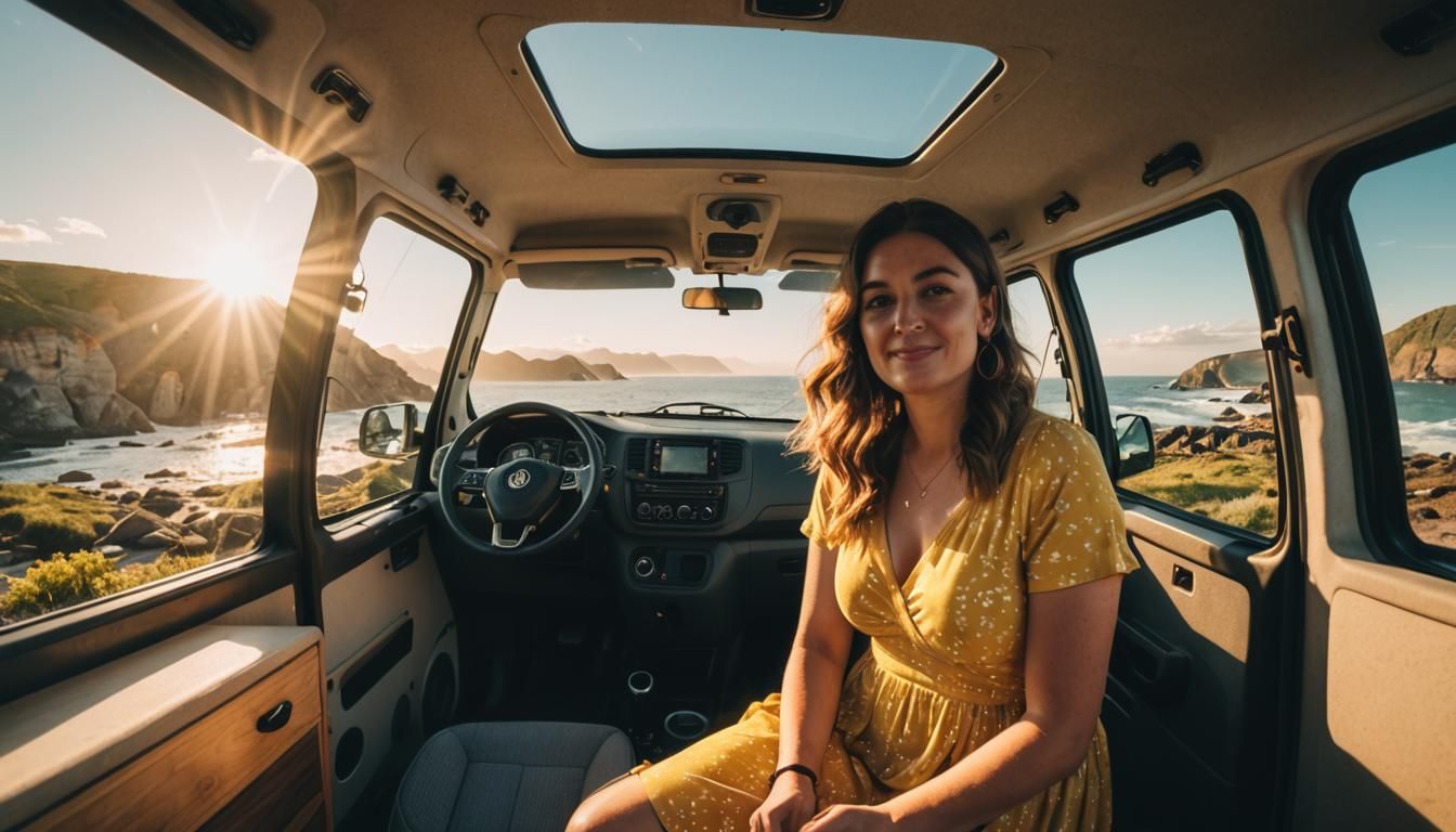Inside a camper van, beautiful curvy girl in yellow summer dress, van life, volkswagen california,  cliff, beach, sunris...