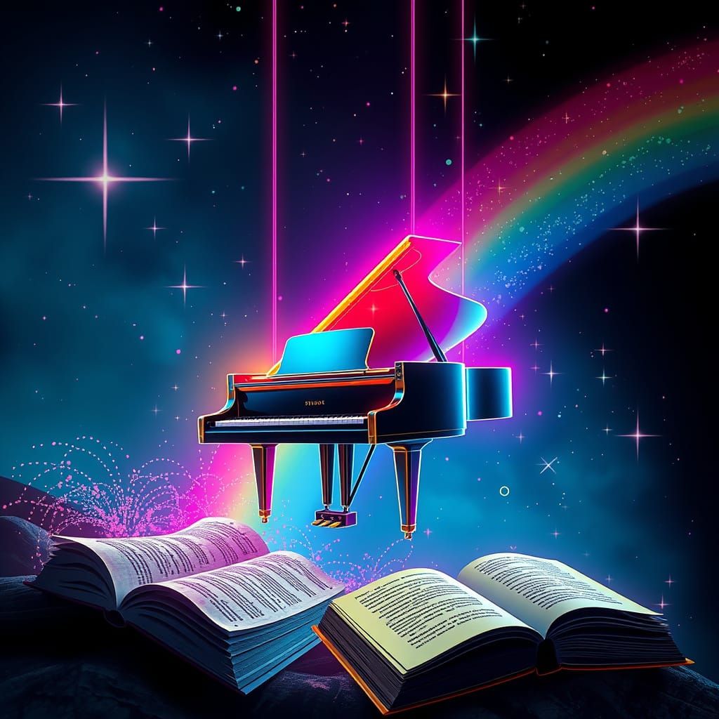 Cyberpunk Piano Gliding on Rainbow