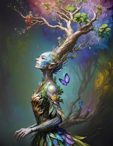 Anthropomorphic Tree Person with Striped Design