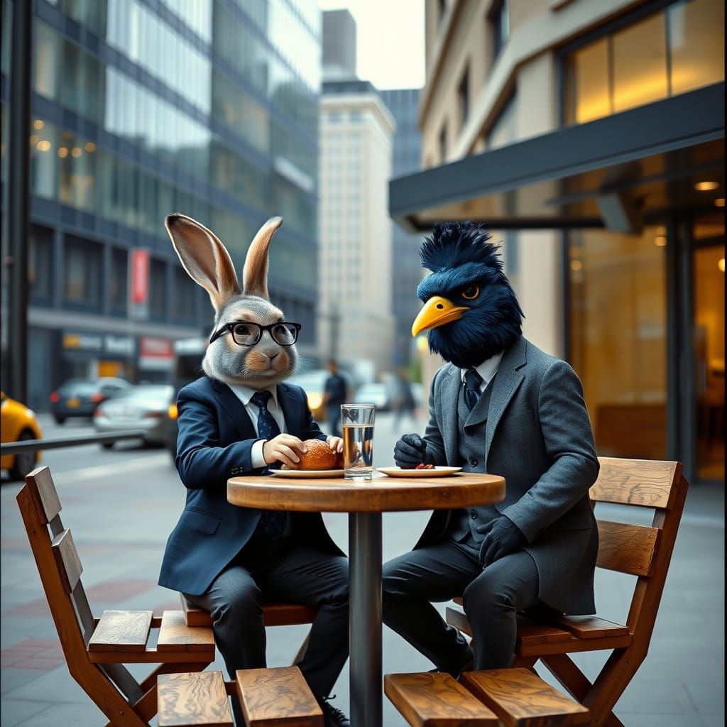Bunnies Enjoy Lunch Amidst City Chaos in Whimsical Style