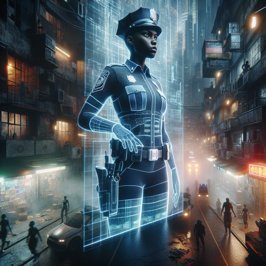 Hyper-Realistic Hologram of a Policewoman in a Futuristic Ci...