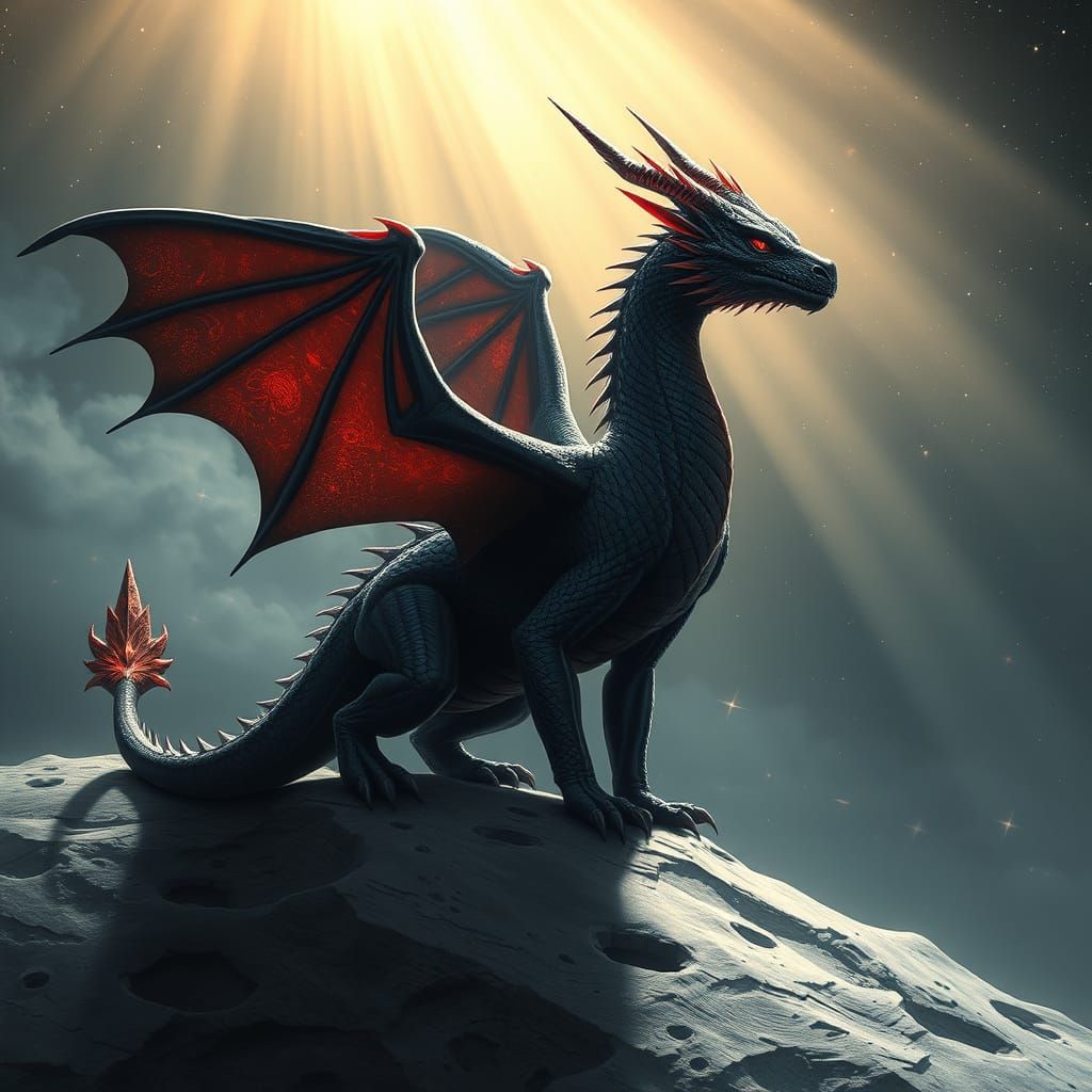 Majestic Space Dragon Basks in Heavenly Glow on Lunar Surfac...