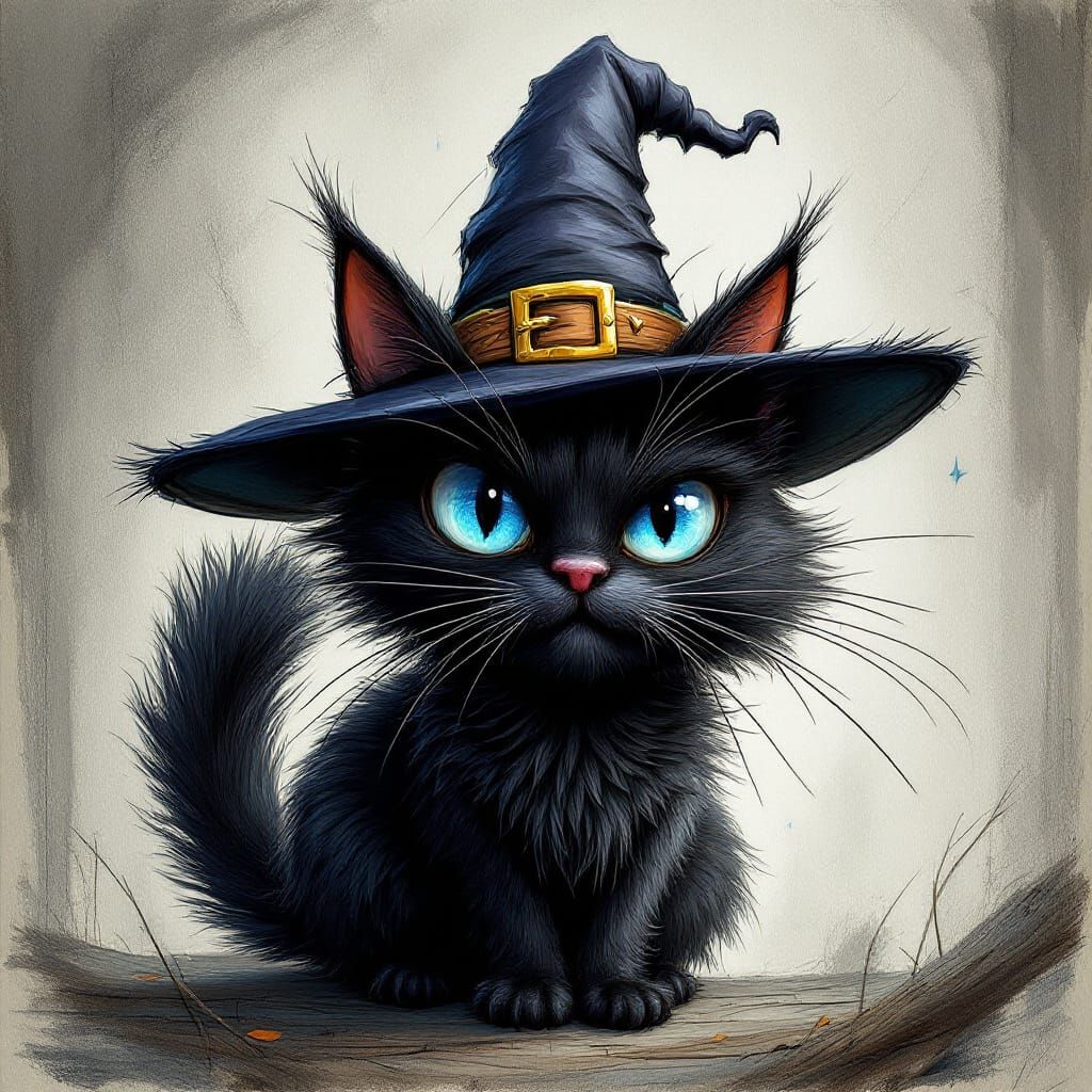 Sassy Black Cat Pencil Sketch with Witch Hat