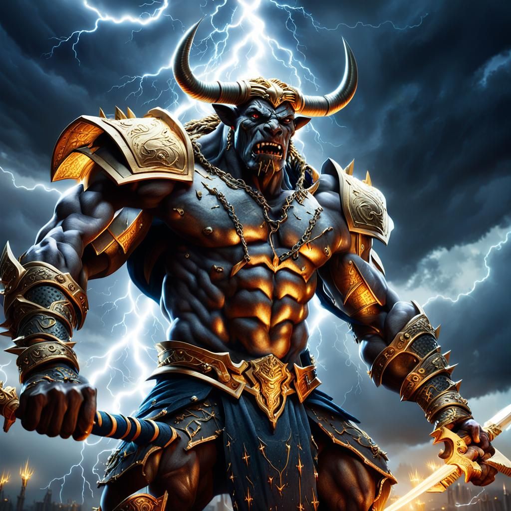 Minotaur hammer sword covered in god lightning and spiked ch...