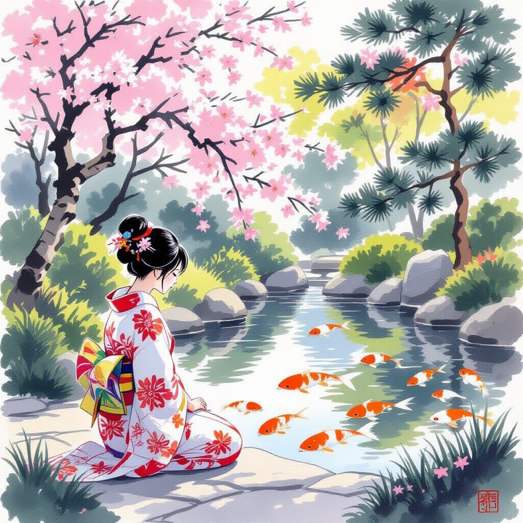 Girl by Koi Pond in Japanese Sumi-e Style