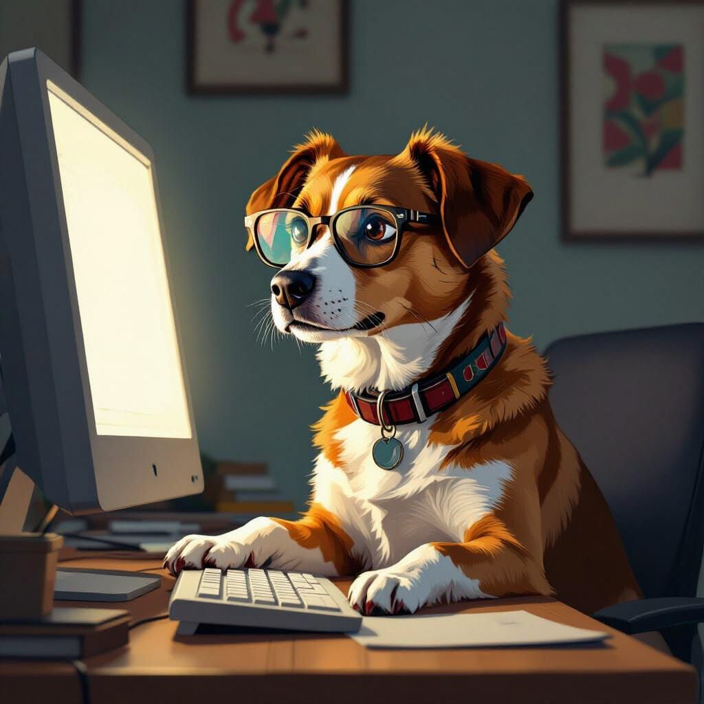 Dog Using Computer in Futuristic Digital Art Style