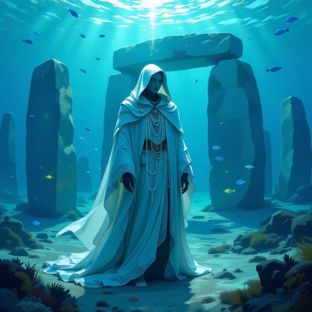 Mystical Fish Person at Underwater Stone Circle