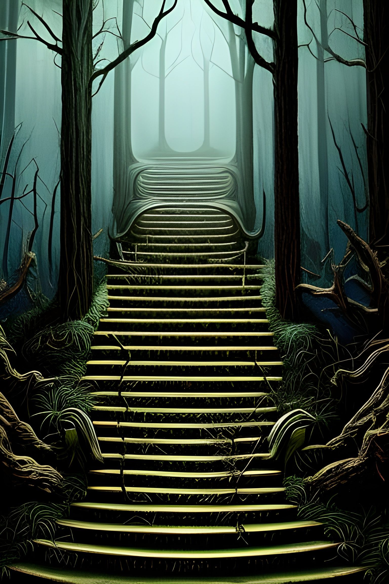 Cursed Forest Staircase in Hyper-Detailed Dark Fantasy