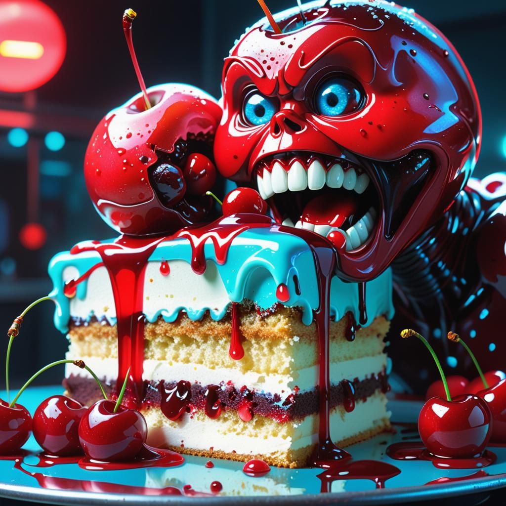 A frightened, anthropomorphized Cherries with a distorted, frightened face is slowly eaten on a piece of cake, her skin ...