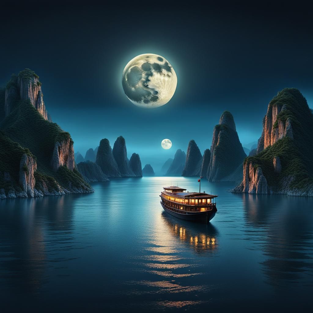 Chinese Junk Sails Under Setting Moon: Digital Art