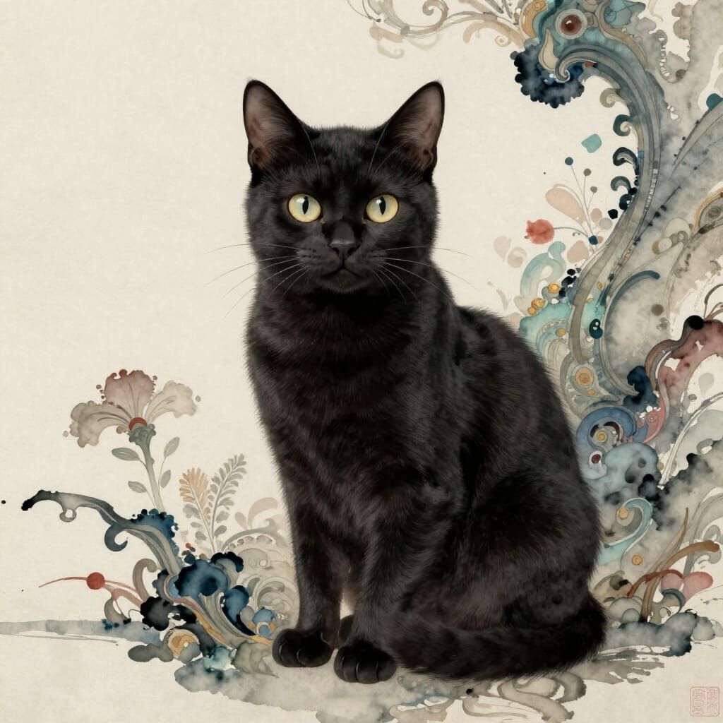 Black Cat in Detailed Matte Painting Style